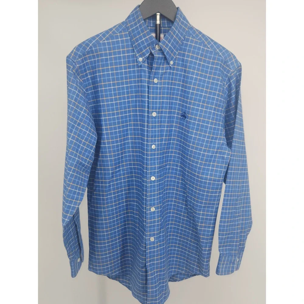 Brooks Brothers Non-Iron Supima Cotton Shirt Blue Tattersall Check Mens Small